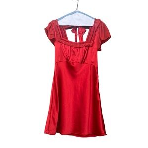NWT Free People Cherry Red Satin Mini Dress, Fit & Flare, Flutter sleeves (S)